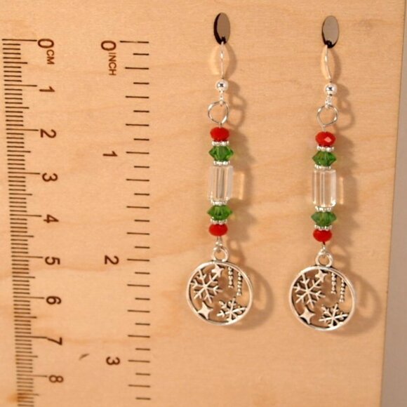 Snowflake Earrings Christmas Dangle Pierced or Clip-on Earrings Silver Earrings - Picture 4 of 7